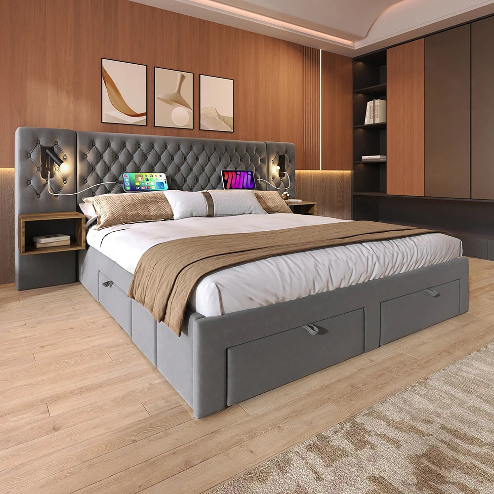 KOMHTOM Polsterbett mit 2 Nachttischen und 4 Schubladen, Kopfteil Leselicht mit USB-Ladefunktion, Samt (Ohne Matratze)
