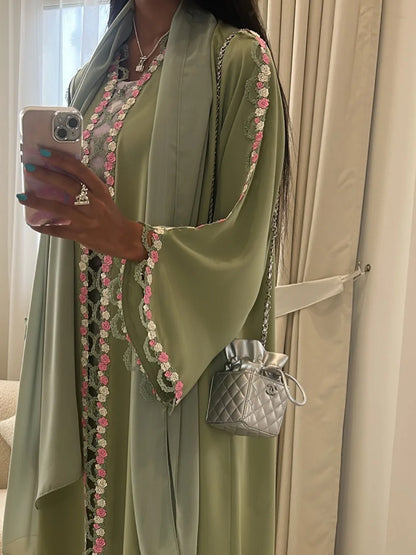 Muslim Women Dubai Abaya Embroidery floral Kimono Cardigan Dress Kaftan Ramadan Robe Femme African dresses Islam Clothing Kebaya.
