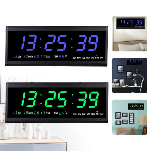 220 V große LED-Digital-Wanduhr, Zeit, Temperatur, Datum, Woche, Anzeige, automatischer Dimmer, leuchtende, leise Tischuhr, Wanduhr, 48 x 19 cm