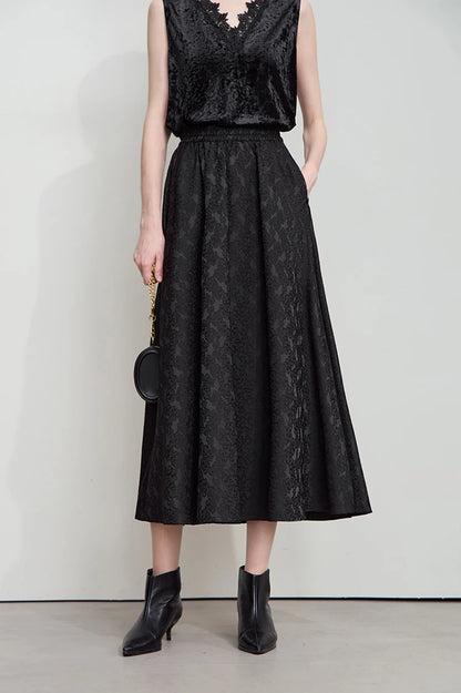 AMII 2025 Arrival Autumn Black A-line Women Skirt  Luxury Style Simple Elegant Elastic Waistband Offcial Lady Blouse 12523037.