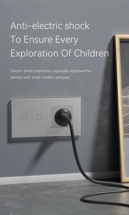 BSEED Touch-Schalter mit EU-Stromsteckdose, graue LED-Wandleuchte, 1/2/3 Gang, 1-Wege-Kristallglas-Panel, dunkelblaue Hintergrundbeleuchtung.