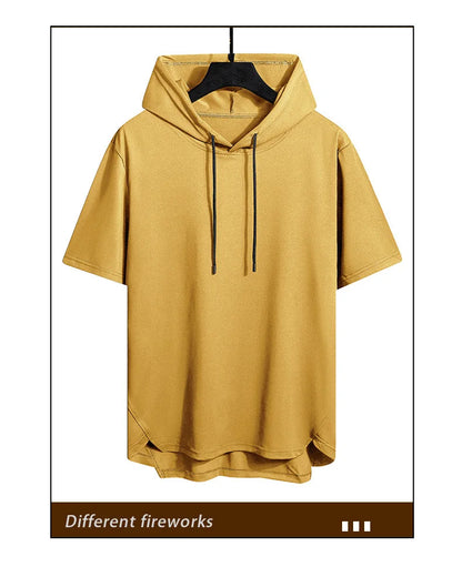 2025 Men's Summer Hoodies T-shirts Short Sleeve Solid Color Loose Hooded Drawstring Pullover Tops Basic Tees for Daily Wear Male.