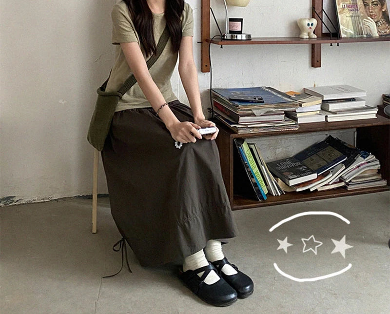 Vintage Black Midi Skirt Women Japanese Harajuku Drawstring Bud Skirts Summer Streetwear Korean Casual Design A Line Faldas New