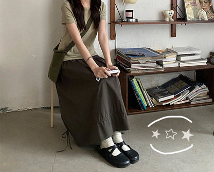 Vintage Black Midi Skirt Women Japanese Harajuku Drawstring Bud Skirts Summer Streetwear Korean Casual Design A Line Faldas New