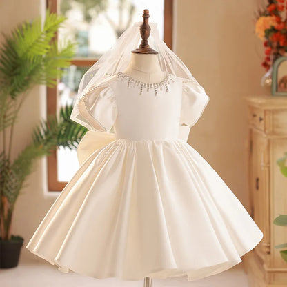Sommer Solide Perlen Prinzessin Kleid Rundhals Elegante Kinder Brautjungfer Kleidung Luxus Kleider für Hochzeit Edle Kind Kleidung.