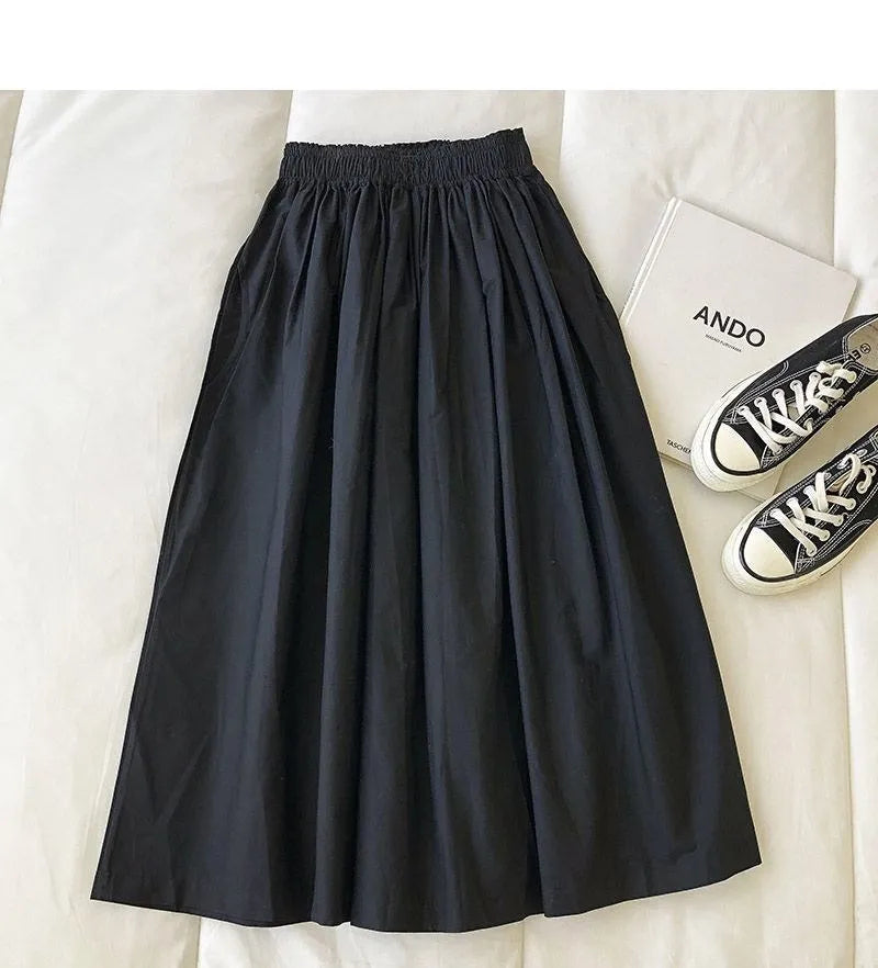 Women Black skirt midi High waist korean style Pleated a line Vintage Clothing 2025 new Summer Casual Fashion Ladies Work Wear.