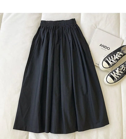 Women Black skirt midi High waist korean style Pleated a line Vintage Clothing 2025 new Summer Casual Fashion Ladies Work Wear.
