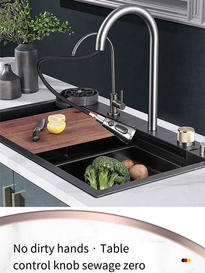 Kitchen Sink 304 Stainless Steel Rain Waterfall Single Trough Honeycomb Large Single Trough Washing Basin