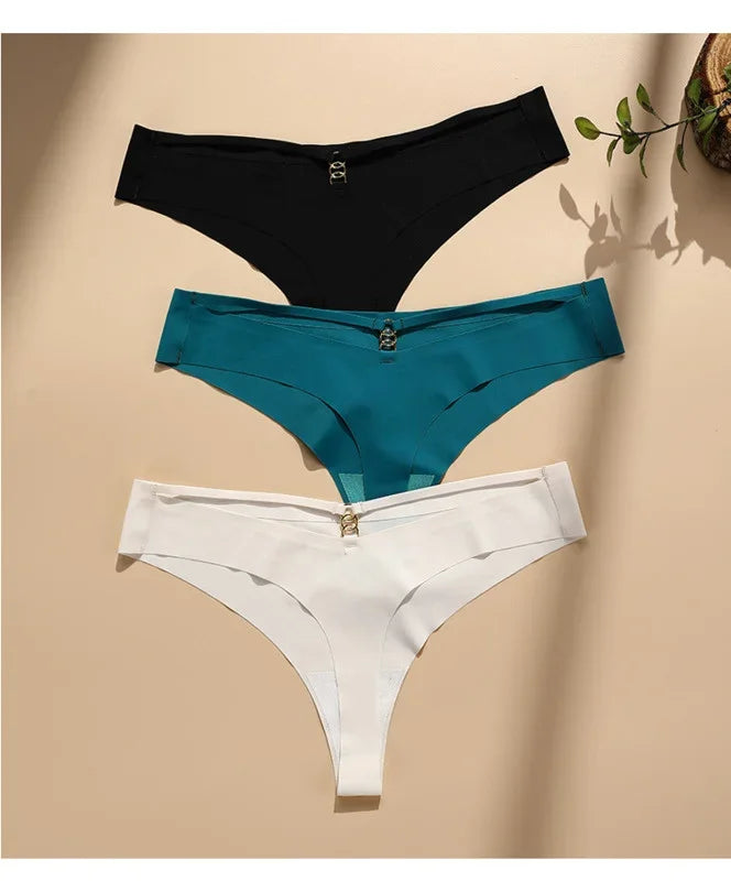 2024 NEW Low Waist Seamless Ice Silk Thongs Cotton Crotch Sexy Women's Underwear Metal Ring Hollow Out Panties Traceless Briefs.