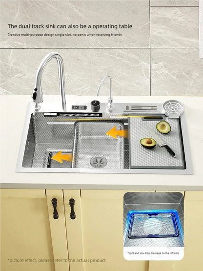 Kitchen Sink Stainless Steel Waterfall Wash Dish Vegetables Basin Multifunctional Smart Digital Display Screen Large Single Slot