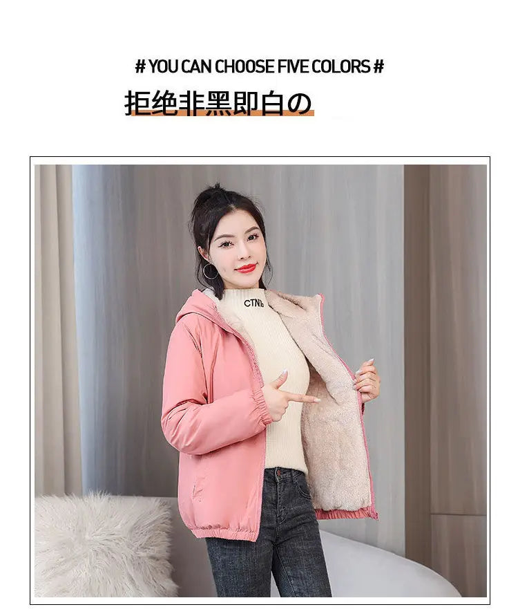 Women's Fleece Coat Winter Warm Thicken Solid Windbreaker Hooded Cotton Plush Hooded Jackets Casual Outdoor Windproof Jacket.