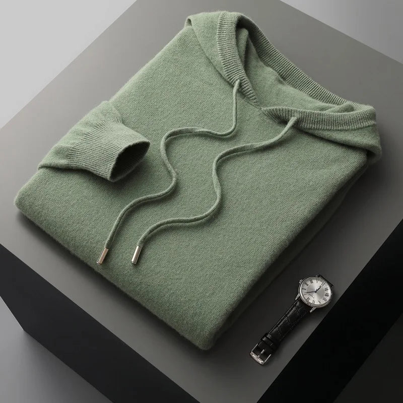 Autumn Winter New Merino Sweater Men's 100% Wool Hooded Collar Knitted Pullover Casual long Sleeved Hoodie.