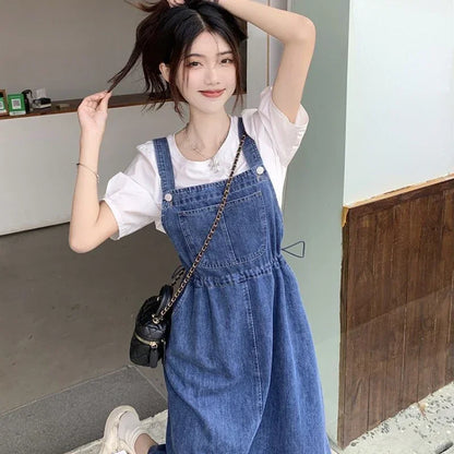 2025 Fashion Women Denim Suspender Skirt Spring Summer Causal Strap Female High Waist A-line Solid Lace-up Woman Skirt.