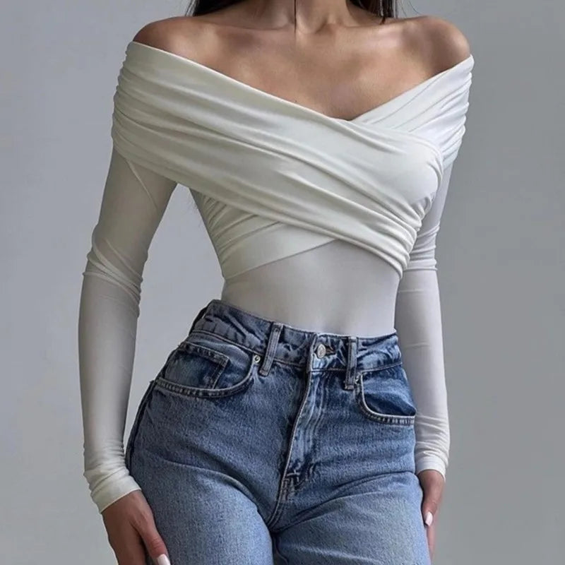 2025 Autumn New Women's Chic V-Neck Off-Shoulder Long Sleeve Slim Fit Office Casual & Daily Jumpsuit Versatile Tunic Tops.