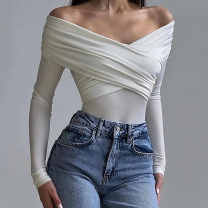 2025 Autumn New Women's Chic V-Neck Off-Shoulder Long Sleeve Slim Fit Office Casual & Daily Jumpsuit Versatile Tunic Tops.