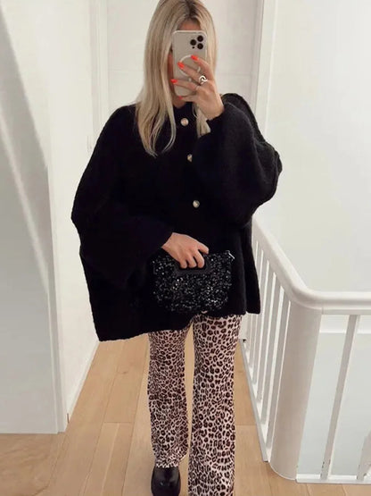 TRAF Women's Bat Sleeve Cardigan Sweater Temperament Lapel Metal Button Decoration Fashion Jacket Casual Commuter Women's Tops