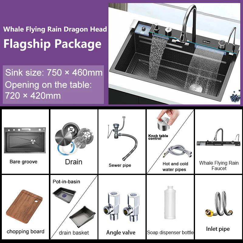 Goldenes Wasserfall-Küchenspüle, Edelstahlspüle, geprägte Digitalanzeige, Einzelschlitz-Waschbecken für die Wohnung, goldenes Waschbecken