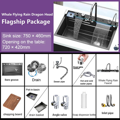 Goldenes Wasserfall-Küchenspüle, Edelstahlspüle, geprägte Digitalanzeige, Einzelschlitz-Waschbecken für die Wohnung, goldenes Waschbecken