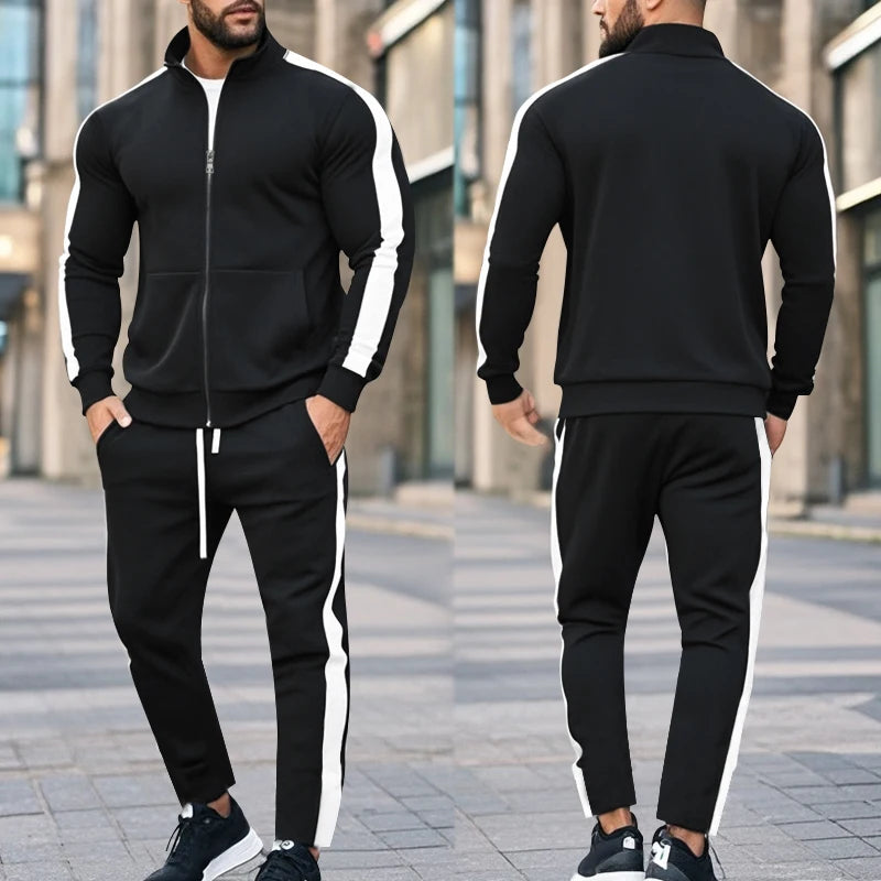 2025 Europe and the United States Spring and Autumn Outdoor New Leisure Men's Sports Suit Color Contrast Outdoor Men's 2 Pieces.