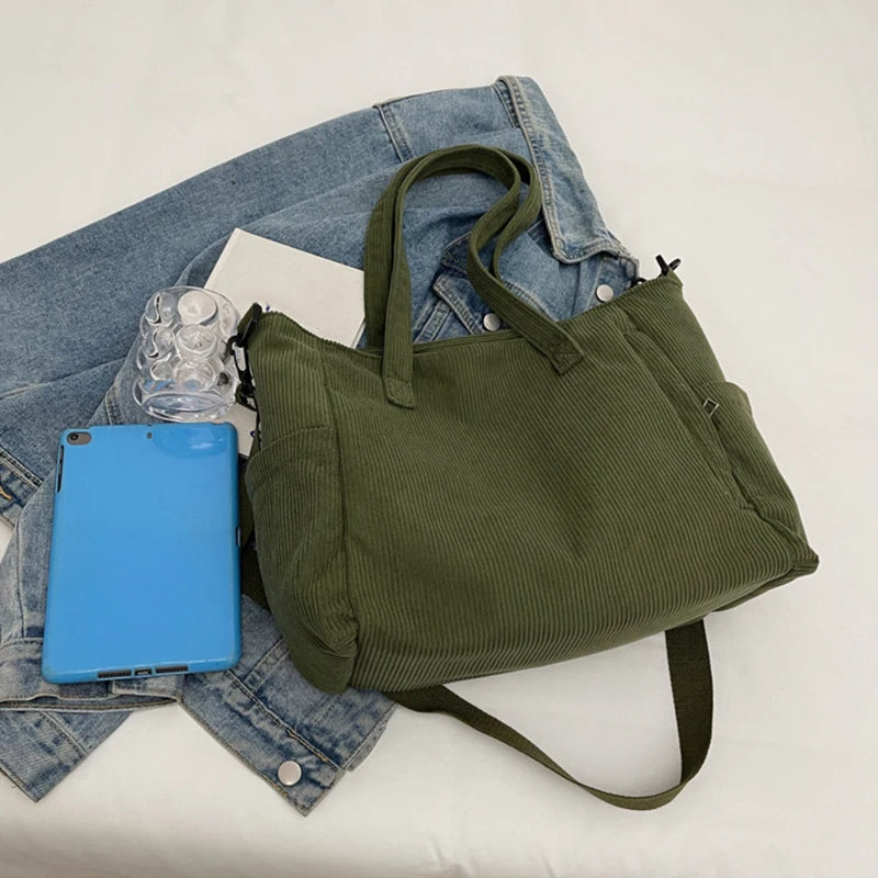 Women Corduroy Tote Bag Casual Multi Pocket Handbag Adjustable Strap Crossbody Sling Bag Zipper Shoulder Bag Fall Winter Bag