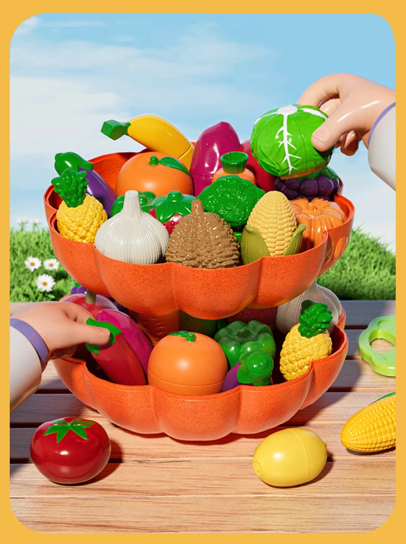 Kid Pretend Play Kitchen Toy Set Simulation Cut Fruit Vegetables Sensory Game Make Pizza Food Cook Girl Interactive Education To