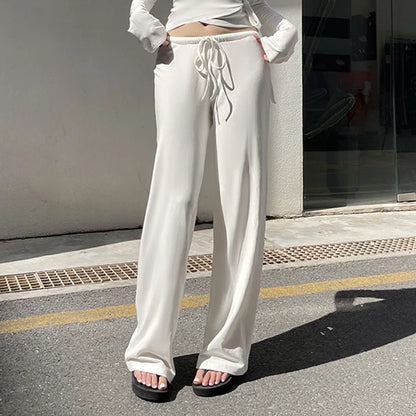 Apprabant Casual Fashion Drawstring High Waist Trousers Set Lace Up Flared Sleeve V Neck Twist Tops Plush Loose Pants Suit