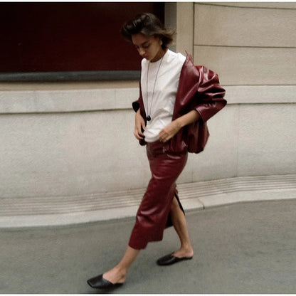 Stylish Leather Solid Jacket Pants Set Women Stand Collar Zipper Coat Loose Trousers Sets Female 2025 Autumn Fashion Streetwears