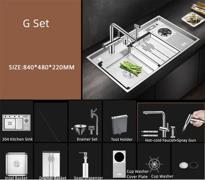 Large Size Nano Meter Cup Rinser Stepped Kitchen Sink 304 Stainless Steel 4mm Thickness Handmade Sinks With Knife Holder