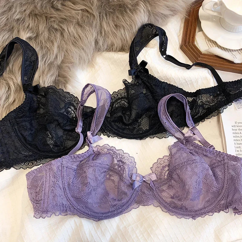 MOYISU French Romantic Ultra-thin Lace Sexy Transparent Gathering Big Breasts Show Small Underwire Bra Cover Underwear Set Women.