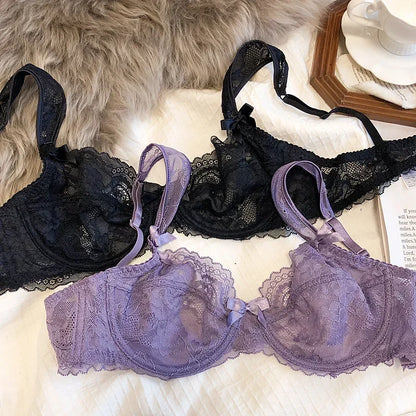 MOYISU French Romantic Ultra-thin Lace Sexy Transparent Gathering Big Breasts Show Small Underwire Bra Cover Underwear Set Women.
