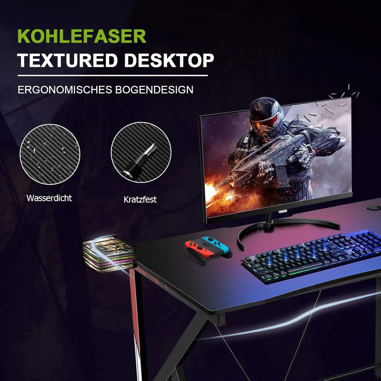 Spieltisch k-förmiger Computer tisch PC-Tisch Schreibtisch mit Getränke halter, Kopfhörer haken und Video regal 115x73 cm