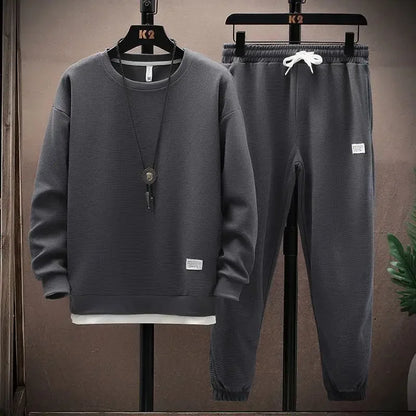 New Autumn Men's Fashion Sportswear Set Long Sleeve T-Shirt And Long Pants Casual Trendy Marbled Pattern Clothing Ensemble.