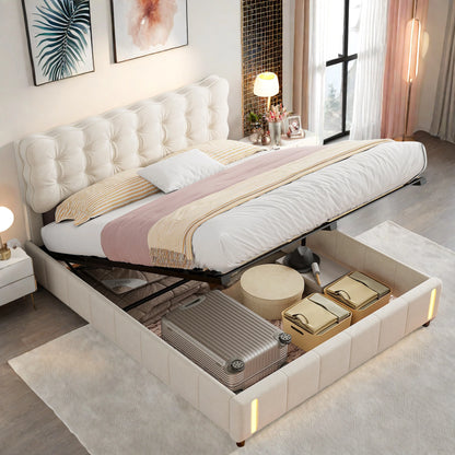 Rosahqnda Kissen Bett Kissen Bett mit Stimmungslicht, gepolstertes Bettgestell in Samtbeige, Kinderbett, ohne Matratze