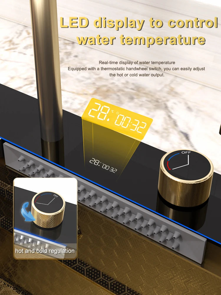 Golden Stainless Steel Kitchen Sink Waterfall Outlet Large Single Sink Digital Display Dishwashing and Vegetable Sinks