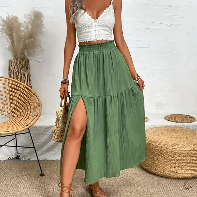 Fairyshely Casual Green Split Long Skirt Women 2025 Summer Ruffle High Waist Midi Skirt Lady Elegant Solid A line Pleated Skirt.