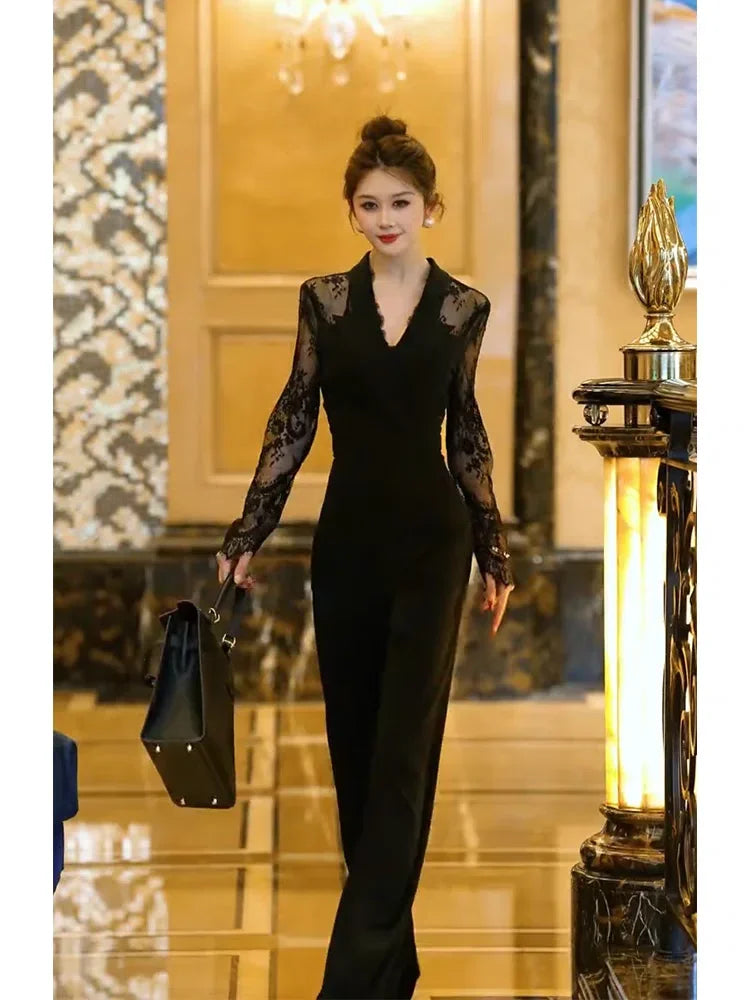 Luxury Elegant Lace Patchwork Black Jumpsuit Women Summer High Waist Long Sleeve Jumpsuits Combinaison Femme Overalls.