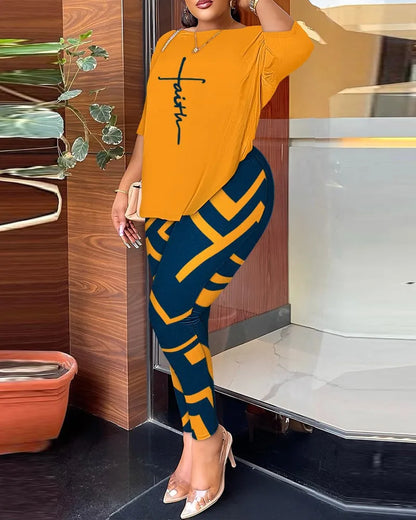 Autumn Women's Clothing New Fashion Print Sexy Backless Round Neck Five Quarter Sleeve Pants Two-piece Casual Comfortable Set