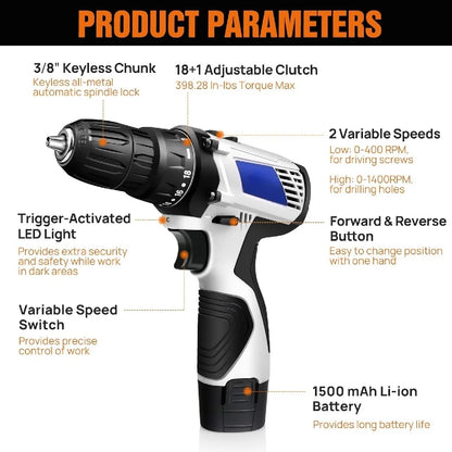 16,8-V-Akku-Bohrschrauber-Set, 2-in-1-Mini-Elektroschrauber-Werkzeuge + LED-Arbeitsleuchte, hohes Drehmoment, 45 Nm