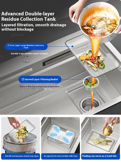 Silver 304 Stainless Steel Waterfall Kitchen Sink Multifunctional Scratch and Wear Resistant Large Single Slot Undermount Basin