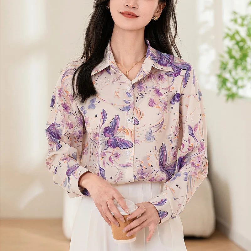 Fashion Korean Casual Women's Long Sleeve Butterfly and Flower Printed Shirt Office Lady Tops.