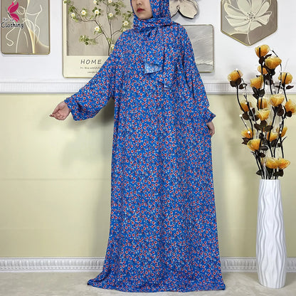 2025 New Muslim Abayas For Women Ramadan Prayer Garment Dubai Middle East Femme Robe Cotton Loose African Dress Turban Attached