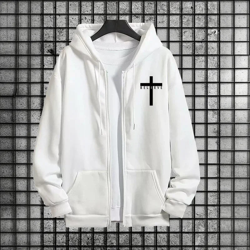 Cross of Christ Mens Hip Hop Tracksuit Set 2025 New 2 Piece Outfit Zipper Hoodie Joggers Urban Streetwear Autumn Winter Fashion.