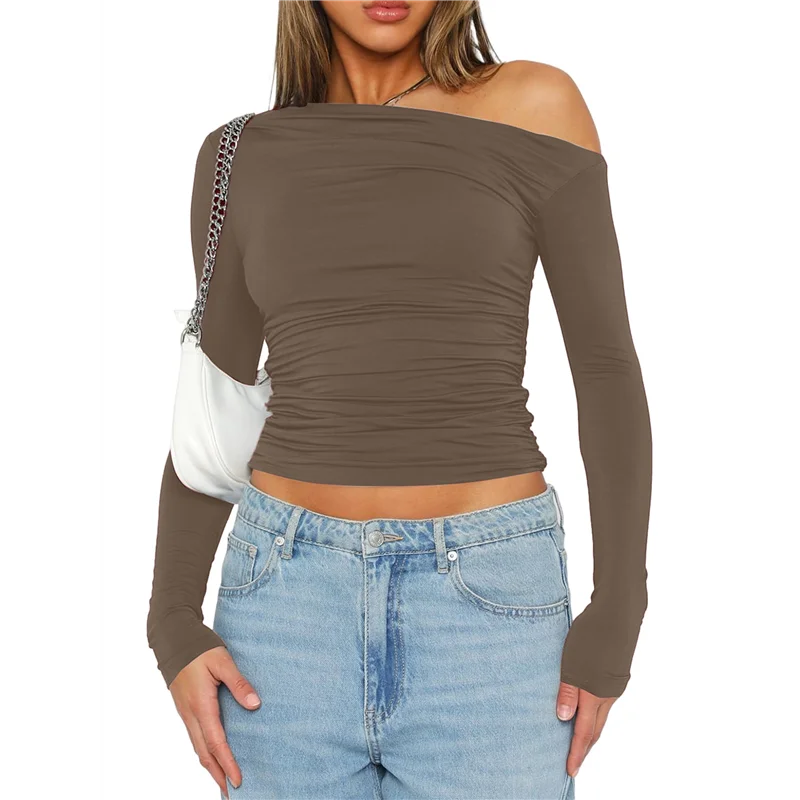 NEW-Women's Casual Long Sleeve Boat Neck Off Shoulder Slim Fit Crop Top Going Out Blouses Y2K Tight Shirts.