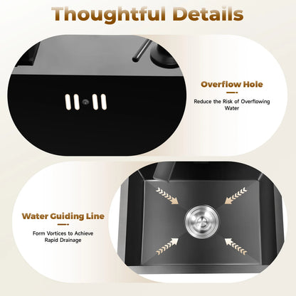 Schwarzes Küchenspülbecken-Set, Spüle aus Edelstahl 30 mit großem Fassungsvermögen und drehbarem Wasserhahn, Keramik-Ventilkern, geruchsfestes Spülbecken