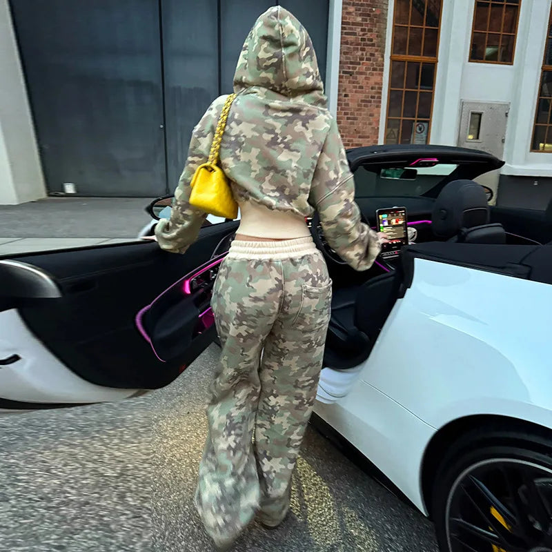 Women 2 Piece Sets Hooded Coat Straight Pants Camouflage Outfits Drawstring Zipper Jacket Tracksuit 2025 Streetwear Ensemble.
