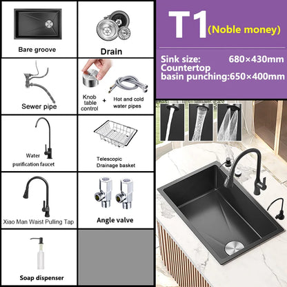 Black Stainless Steel Kitchen Sink Waterfall Sink dishwashing Basin Large Single Sink Household Sink Under The Counter Sink
