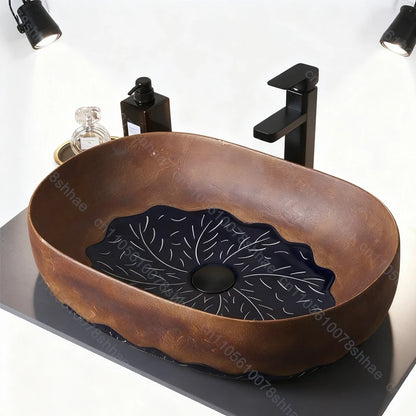 Vintage-Keramik-Waschbecken, ovales Badezimmer, künstlerisches Waschbecken über der Theke, Waschbecken für Badezimmer, Waschtisch, Aufsatzwaschbecken