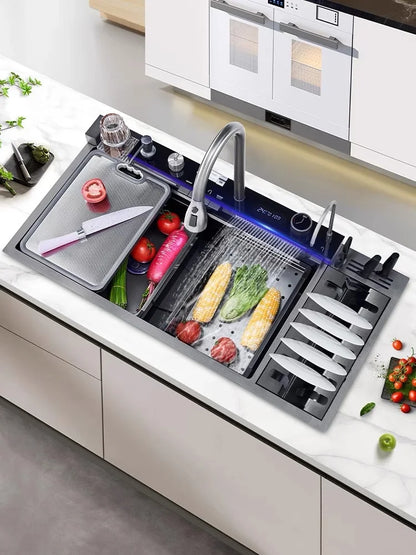 100cmx46cm Whale-Style Large Single-Bowl Kitchen Sink with Dish Rack Digital Faucet Integrated Dishwasher Multi-Functional