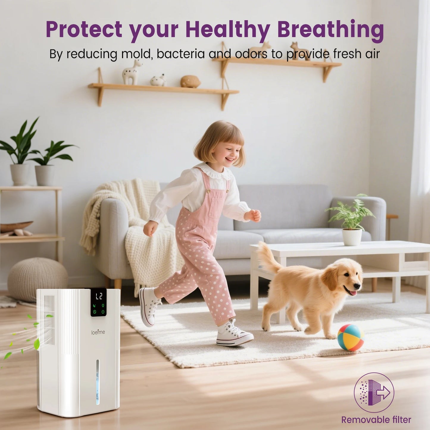 LOEFME 2.8L Mute Dehumidifier 650ml/Day Moisture Absorbers Air Dryer Quiet Air Dehumidifier with Touch Display For Home Bathroom.