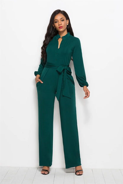 Temperament Solid Color Slim Jumpsuits Women Fashion Long Sleeve Buttons High Waist Leace-up Jumpsuit Ladies Commuting Clothing.